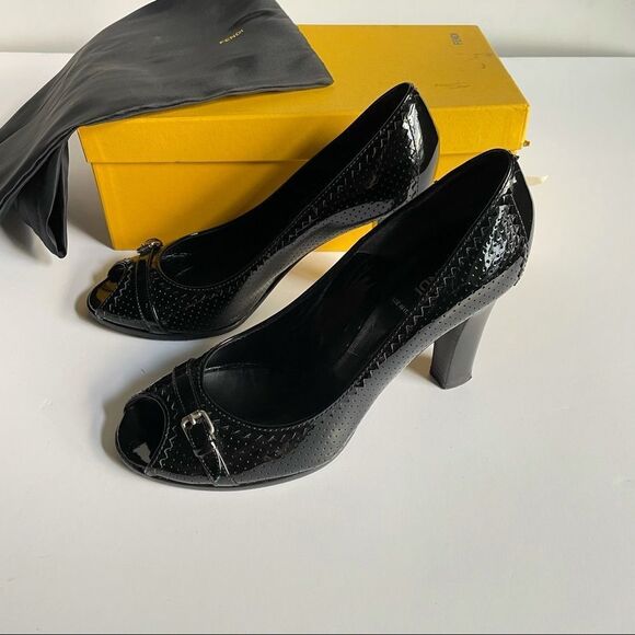 Y2K Fendi Designer Patent Leather Peep Toe Pump Sz 10 - Picture 7 of 14